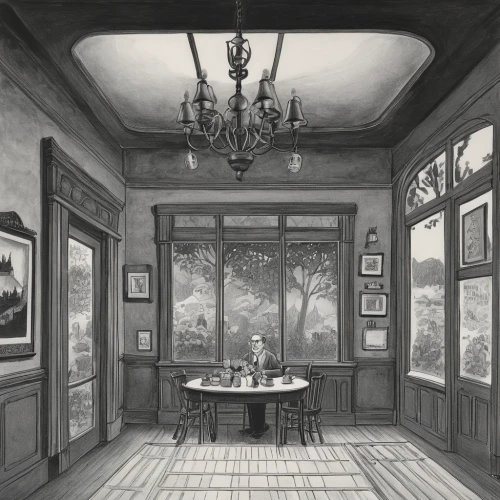 dining room,china cabinet,tearoom,breakfast room,backgrounds,victorian kitchen,the kitchen,danish room,dandelion hall,ballroom,ornate room,study room,the little girl's room,interiors,consulting room,kitchen,doll's house,paris cafe,the coffee shop,billiard room,Illustration,Black and White,Black and White 22