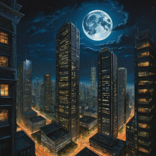 high-rises,sci fiction illustration,high rises,city scape,city at night,tall buildings,world digital painting,skyscraper town,lunar landscape,black city,cityscape,skyscrapers,moonlit night,night scene,city buildings,apartment blocks,fantasy city,city cities,skycraper,evening city,Art,Classical Oil Painting,Classical Oil Painting 16