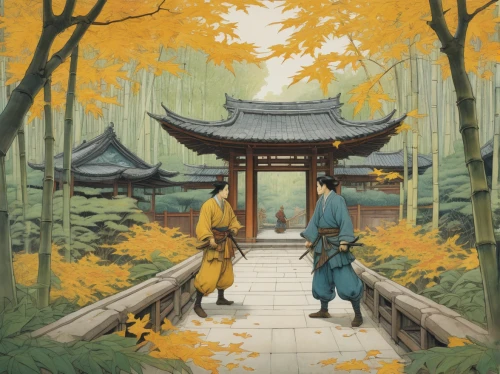 the golden pavilion,autumn scenery,cool woodblock images,golden pavilion,hall of supreme harmony,oriental painting,foliage coloring,tsukemono,bamboo forest,autumn background,autumn landscape,one autumn afternoon,the autumn,japanese shrine,world digital painting,wooden path,autumn idyll,mid-autumn festival,yellow leaves,in the autumn,Illustration,Realistic Fantasy,Realistic Fantasy 04