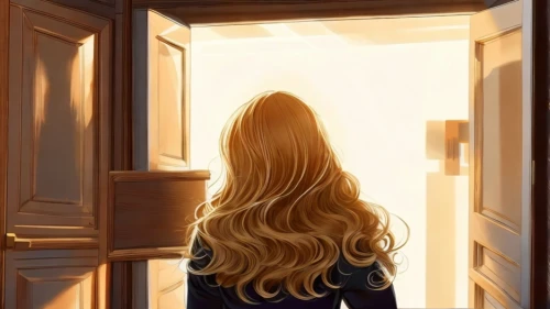 rapunzel,open door,in the door,pantry,blond girl,door,the door,girl from behind,girl from the back,window,girl walking away,clary,window to the world,open window,british longhair,blonde girl,locker,golden light,the little girl's room,the window