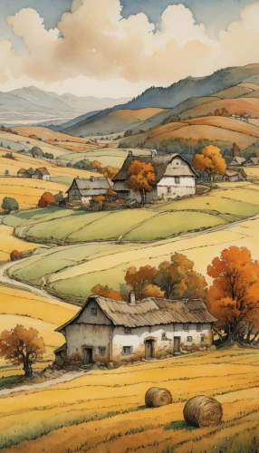 farm landscape,autumn landscape,rural landscape,fall landscape,autumn idyll,home landscape,landscape background,farm background,autumn mountains,rolling hills,meadow landscape,one autumn afternoon,autumn scenery,yorkshire dales,autumn background,alpine pastures,wales,countryside,yorkshire,wensleydale,Illustration,Paper based,Paper Based 29