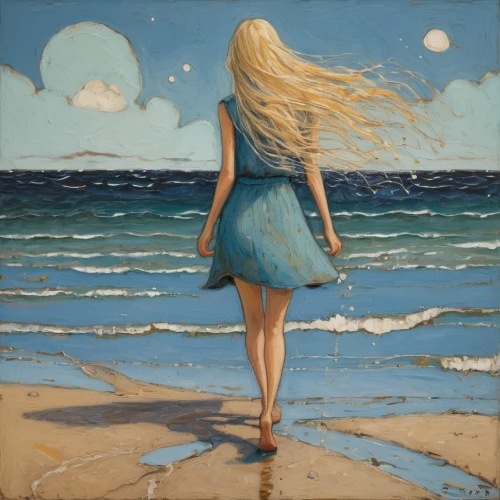 girl on the dune,man at the sea,el mar,the wind from the sea,sea breeze,girl walking away,sea-shore,the blonde in the river,walk on the beach,the sea maid,ocean,blonde woman,girl with a dolphin,oil painting,sea,beach landscape,beach background,by the sea,girl in a long,on the shore,Art,Artistic Painting,Artistic Painting 49