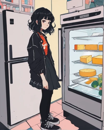 refrigerator,fridge,grocery,convenience store,noodle image,bakery,pantry,noodle,soda machine,frozen food,jacket,pastry shop,girl in the kitchen,grocery shopping,oven,grocery store,frozen dessert,cold room,vending machine,deli,Illustration,Japanese style,Japanese Style 06