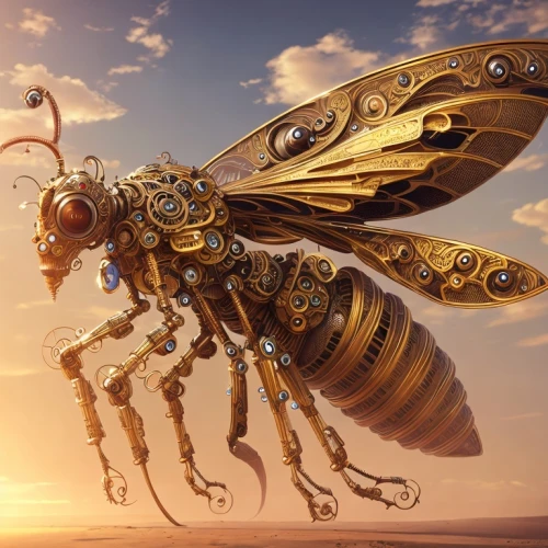 drone bee,artificial fly,steampunk,winged insect,wasp,flying insect,insects,bumblebee fly,bee,arthropod,entomology,giant bumblebee hover fly,hive,honeybee,scarab,sci fiction illustration,blue-winged wasteland insect,exoskeleton,pollinate,insect,Common,Common,Game