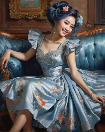 japanese woman,portrait of a girl,a girl in a dress,romantic portrait,rococo,a girl's smile,oriental girl,relaxed young girl,victorian lady,vintage girl,pianist,a charming woman,dongfang meiren,girl portrait,mari makinami,asian woman,girl sitting,fantasy portrait,girl in a historic way,chinese art,Conceptual Art,Fantasy,Fantasy 12