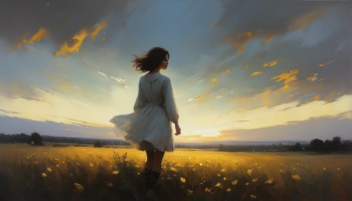 dandelion field,world digital painting,yellow sky,goldenlight,summer evening,daybreak,digital painting,chamomile in wheat field,golden light,prairie,dandelion meadow,dandelion background,guiding light,evening atmosphere,little girl in wind,eventide,girl walking away,spring morning,golden sun,landscape background,Conceptual Art,Oil color,Oil Color 11