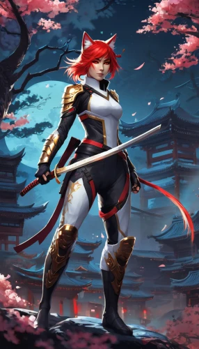 kitsune,sakura background,japanese sakura background,cat warrior,katana,swordswoman,sakura,yi sun sin,redfox,female warrior,samurai,samurai fighter,red saber,inari,huntress,xing yi quan,goki,hijiki,kenjutsu,taekkyeon,Conceptual Art,Fantasy,Fantasy 02