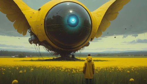 drone bee,navi,transistor,pollinate,yellow bell,helianthus,yellow mushroom,yellow,arrival,daffodil field,sci fiction illustration,yellow garden,bumblebee,canary,flying seed,hive,yellow machinery,game illustration,sentinel,yellow grass,Conceptual Art,Oil color,Oil Color 11