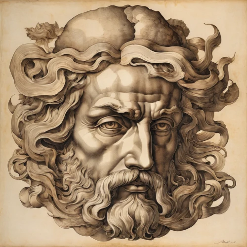 poseidon god face,leonardo da vinci,leonardo devinci,albrecht dürer,poseidon,neptune,michelangelo,triton,bernini,asclepius,pollux,archimedes,botticelli,zodiac sign libra,zodiac sign leo,barberini,copernican world system,king lear,pythagoras,medusa,Illustration,Black and White,Black and White 07