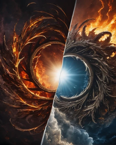heaven and hell,duality,sun and moon,ring of fire,photo manipulation,fire and water,nine-tailed,dragon fire,polarity,parallel worlds,fantasy art,yin-yang,pillar of fire,five elements,photoshop manipulation,photomanipulation,apophysis,day and night,image manipulation,elements,Photography,General,Natural