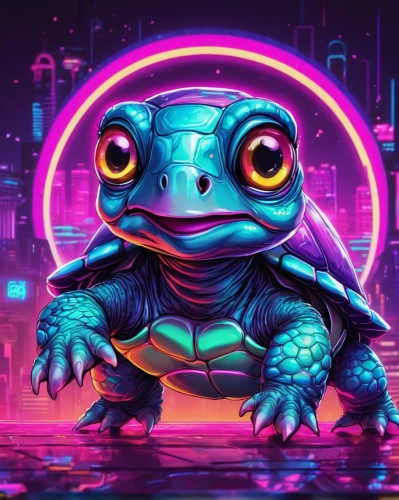 frog background,trachemys,80's design,game illustration,frog through,neon,vector illustration,80s,kawaii frog,bufo,cyberpunk,stitch,tortoise,kawaii frogs,turtle,game art,frog figure,teenage mutant ninja turtles,frog,neon light,Conceptual Art,Sci-Fi,Sci-Fi 27