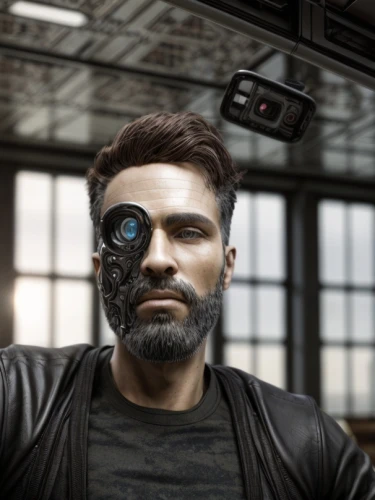 cyborg,drone pilot,wearables,drone operator,3d man,cyberpunk,terminator,robot eye,cyclops,war machine,face shield,steel man,vr headset,cybernetics,virtual reality headset,open-face watch,shepard,crossbones,face protection,face the future