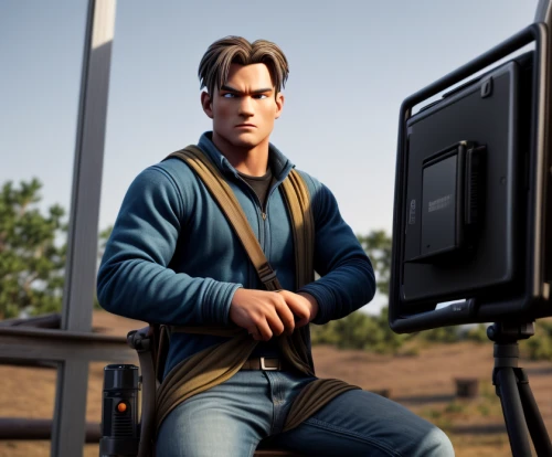 archer,new concept arms chair,gale,courier box,man with a computer,fallout4,colt,lando,freelancer,engineer,ken,solo,nomad,courier,blue-collar worker,mesa,videogame,man on a bench,free fire,game character