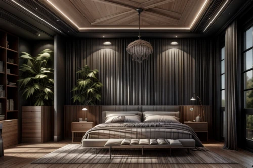 sleeping room,canopy bed,room divider,modern room,bedroom,modern decor,interior modern design,interior design,guest room,contemporary decor,great room,3d rendering,interior decoration,guestroom,loft,patterned wood decoration,wooden wall,wooden beams,room lighting,dark cabinetry