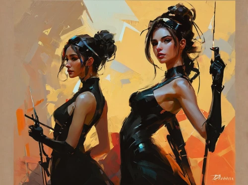 beautiful girls with katana,two girls,girl with gun,violinists,violinist,fantasy art,girl with a gun,scythe,bows and arrows,fantasy portrait,geisha,assassins,art painting,duo,painting technique,katana,young women,world digital painting,violin woman,bow and arrows,Conceptual Art,Fantasy,Fantasy 06