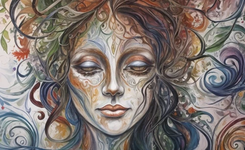 dryad,medusa,woman's face,girl with tree,fae,woman face,flora,water nymph,glass painting,virgo,girl in a wreath,watercolor women accessory,boho art,mother earth,oil painting on canvas,oil on canvas,faery,siren,the enchantress,faerie