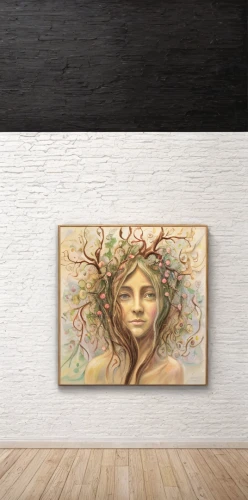 boho art,decorative art,wall decor,wall decoration,art painting,medusa,portrait background,floral silhouette frame,wooden background,art nouveau frame,decorative frame,gold foil tree of life,dryad,decorative figure,flower painting,wooden mockup,abstract painting,oil painting on canvas,wall art,glass painting