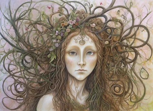 dryad,faery,girl in a wreath,faerie,elven flower,mystical portrait of a girl,the enchantress,tendrils,headdress,spring crown,boho art,wilted,spring equinox,headpiece,faun,fairy queen,girl in flowers,fae,garden fairy,gypsywort