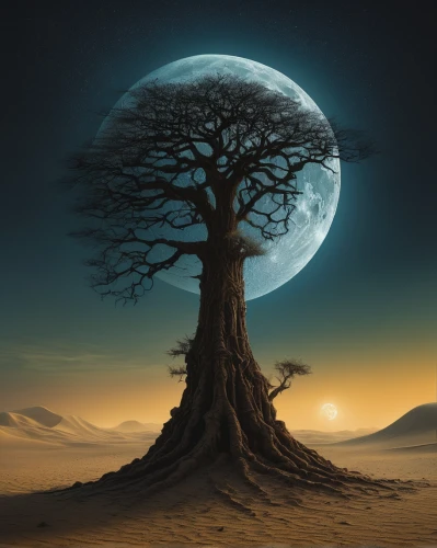 isolated tree,lone tree,argan tree,tree of life,magic tree,celtic tree,lunar landscape,bodhi tree,tree thoughtless,sacred fig,circle around tree,moonlit night,hanging moon,mother earth,fantasy picture,the japanese tree,blue moon,moonlit,the branches of the tree,argan trees