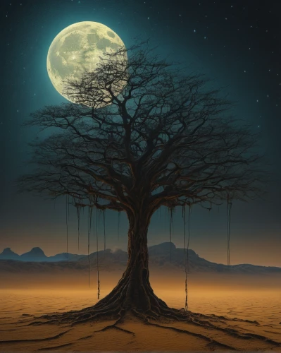 isolated tree,lone tree,hanging moon,argan tree,moonlit night,magic tree,tree of life,tree thoughtless,bodhi tree,lunar landscape,celtic tree,the japanese tree,blue moon,moonlit,the branches of the tree,circle around tree,bare tree,big moon,argan trees,full moon