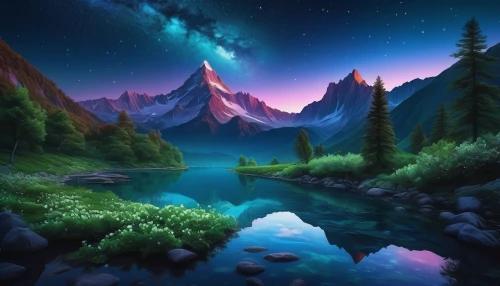 fantasy landscape,landscape background,purple landscape,mountain landscape,fantasy picture,mountainous landscape,beautiful landscape,cartoon video game background,salt meadow landscape,nature landscape,unicorn background,heaven lake,alpine lake,river landscape,world digital painting,mountain scene,colorful stars,beautiful lake,futuristic landscape,mountain world,Photography,Documentary Photography,Documentary Photography 16