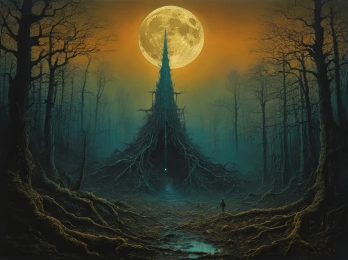 hanging moon,witch house,haunted forest,spire,fantasy picture,witch's house,haunted cathedral,ghost forest,devilwood,obelisk,blue moon,hanged man,moonlit night,halloween poster,fantasy landscape,sepulchre,lunar landscape,dark art,holy forest,mirror of souls
