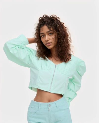tiana,bolero jacket,menswear for women,in a shirt,crop top,women's clothing,light green,cotton top,jade,pastel colors,color turquoise,cute clothes,green background,sage green,long-sleeved t-shirt,gray-green,product photos,mint blossom,liberty cotton,mali