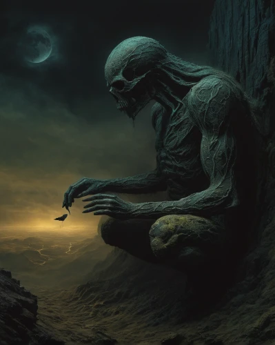 sorrow,life after death,primitive man,the thinker,still transience of life,of mourning,dead earth,petrification,grief,sci fiction illustration,thinker,the grave in the earth,mourning,desolation,death's head,the fallen,death head,dark art,man praying,extraterrestrial life