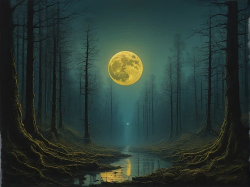 moonlit night,blue moon,hanging moon,forest landscape,moonlit,fantasy landscape,lunar landscape,fantasy picture,moonscape,full moon,forest of dreams,forest background,moonrise,swampy landscape,moonlight,landscape background,night scene,world digital painting,the night of kupala,full moon day