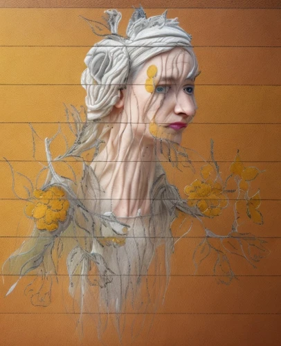 chalk drawing,colored pencil background,gold paint stroke,fantasy portrait,sprint woman,digital compositing,dryad,gold paint strokes,meticulous painting,painted lady,wall painting,gold foil mermaid,wood elf,woman of straw,athena,yellow wallpaper,mystical portrait of a girl,fashion illustration,gold foil art,graffiti,Common,Common,Commercial