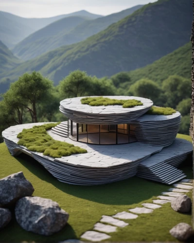 grass roof,house in mountains,house in the mountains,japanese zen garden,roof landscape,eco hotel,zen garden,futuristic architecture,3d rendering,dunes house,turf roof,futuristic landscape,eco-construction,render,feng shui golf course,modern architecture,modern house,japanese architecture,mountain huts,chinese architecture,Unique,3D,Toy