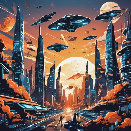 futuristic landscape,sci fiction illustration,alien planet,sci fi,alien world,scifi,sci - fi,sci-fi,science fiction,cg artwork,science-fiction,space art,extraterrestrial life,space ships,planet alien sky,federation,compans-cafarelli,fantasy city,space port,gas planet,Unique,Design,Sticker