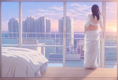 beautiful morning view,landscape background,romantic scene,sky apartment,bedroom window,asian vision,ocean view,girl in a long dress from the back,bedroom,with a view,woman on bed,white clothing,modern room,digital compositing,hotelroom,bathrobe,loving couple sunrise,morning illusion,largest hotel in dubai,morning light,Common,Common,Japanese Manga