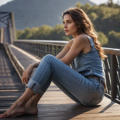 denim jumpsuit,girl on the river,jeans background,girl sitting,jeans,woman sitting,portrait photography,high jeans,female model,bluejeans,denim,bridge,blue jeans,scenic bridge,on the pier,sitting,portrait photographers,relaxed young girl,romantic look,jumpsuit,Photography,General,Natural