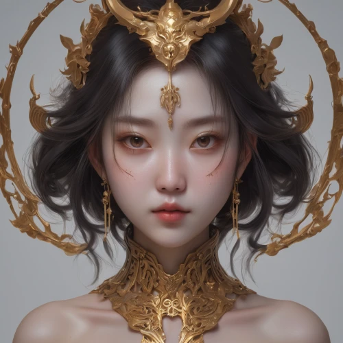 gold crown,golden crown,gold deer,gold leaf,gold mask,golden mask,fantasy portrait,gold filigree,gold foil crown,golden wreath,oriental princess,golden dragon,gold jewelry,zodiac sign libra,sculpt,gold color,gold flower,oriental girl,amano,dragon li,Conceptual Art,Fantasy,Fantasy 01