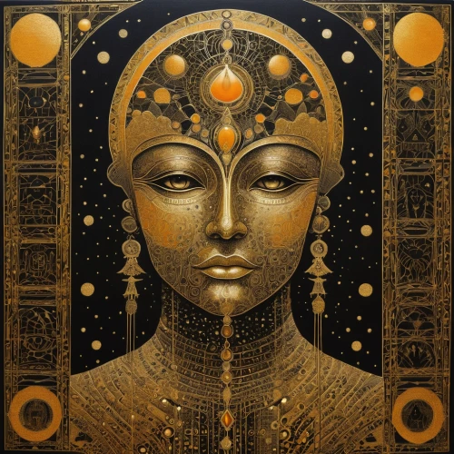 somtum,gold foil art,golden buddha,priestess,golden scale,esoteric,pharaonic,mysticism,golden mask,sacred geometry,sacred art,king tut,gold leaf,prosperity and abundance,ancient egyptian girl,yellow-gold,pharaoh,anahata,third eye,meridians,Art,Artistic Painting,Artistic Painting 47