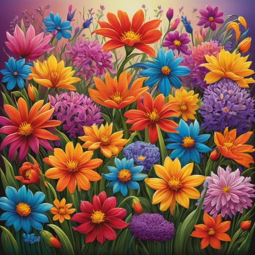 flower painting,colorful flowers,blanket of flowers,african daisies,barberton daisies,flowers png,flower background,sea of flowers,flower art,bright flowers,gerbera daisies,australian daisies,colorful daisy,cartoon flowers,colorful floral,blue daisies,floral composition,splendor of flowers,dahlias,flowers field,Conceptual Art,Daily,Daily 02