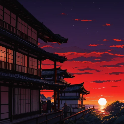 tsukemono,kyoto,japan's three great night views,rising sun,dusk,dusk background,japan landscape,sunset,red sun,ginkaku-ji,kiyomizu,evening atmosphere,house silhouette,lanterns,shinto,moonrise,sunset glow,beautiful japan,the sun has set,mukimono,Illustration,Japanese style,Japanese Style 12