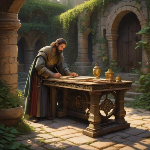 game illustration,card table,thorin,genesis land in jerusalem,merchant,apothecary,binding contract,dwarf cookin,parchment,biblical narrative characters,candlemaker,scholar,sideboard,jerusalem,fortune teller,meticulous painting,the abbot of olib,fantasy picture,tabletop game,outdoor table,Art,Classical Oil Painting,Classical Oil Painting 15