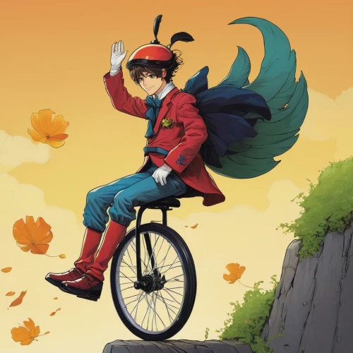 seat dragon,unicycle,autumn icon,autumn background,paracycling,matsuno,delivery service,bike,flying girl,2d,velocipede,pedal,autumn theme,wheelie,flying bird,bicycling,riding ban,bicycle,flying seed,red bird,Illustration,Japanese style,Japanese Style 13