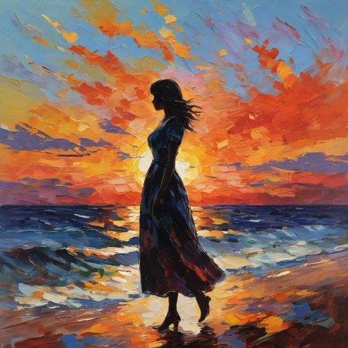 woman silhouette,girl in a long dress,woman walking,girl walking away,oil painting,oil painting on canvas,girl on the dune,man at the sea,sunset glow,mermaid silhouette,silhouette art,girl on the river,sunset,girl in a long,sea beach-marigold,the wind from the sea,women silhouettes,girl in a long dress from the back,flamenco,coast sunset,Conceptual Art,Oil color,Oil Color 10