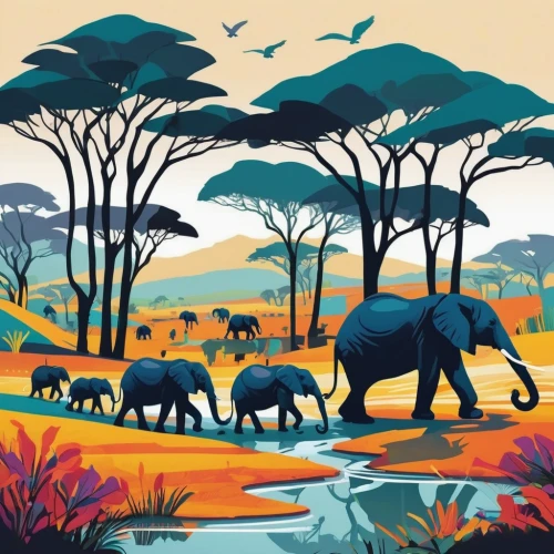 elephant herd,african elephants,cartoon elephants,serengeti,elephants,tanzania,tropical animals,elephant camp,elephants and mammoths,forest animals,african elephant,wild animals crossing,safari,africa,animal migration,botswana,tsavo,kenya africa,african bush elephant,east africa,Illustration,Vector,Vector 08