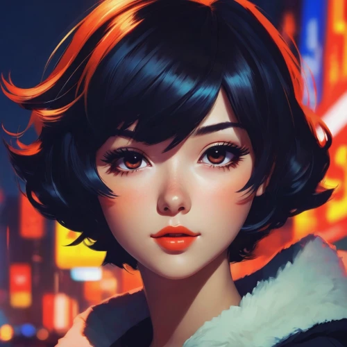 transistor,digital painting,vector girl,girl portrait,persona,two-point-ladybug,fantasy portrait,world digital painting,city ​​portrait,retro girl,portrait background,bob cut,meteora,ladybug,moody portrait,orange eyes,hinata,hong,noodle image,study,Conceptual Art,Fantasy,Fantasy 19