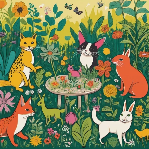 woodland animals,whimsical animals,forest animals,garden-fox tail,garden party,foxes,tea party cat,fox and hare,kate greenaway,rabbits and hares,gardening,small animals,garden birds,springtime background,hare trail,fall animals,round animals,nursery,in the garden,flower garden,Conceptual Art,Graffiti Art,Graffiti Art 10