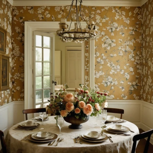 yellow wallpaper,damask background,damask paper,danish room,dining room,breakfast room,damask,window treatment,blossom gold foil,dining room table,chinaware,shabby-chic,flower wall en,kitchen & dining room table,dining table,floral pattern,background pattern,decorates,tablescape,autumn decor,Illustration,Realistic Fantasy,Realistic Fantasy 09