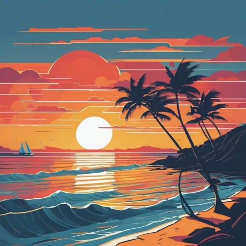 tropics,coast sunset,tropical sea,tropical beach,honolulu,beach landscape,beach scenery,palm tree vector,dream beach,sunset beach,ocean background,pacific,summer background,ocean paradise,palmtrees,ocean,hawaii,tropical island,south seas,palm trees,Illustration,Vector,Vector 06