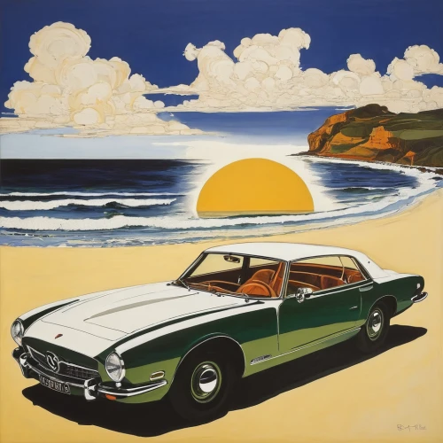 sunbeam alpine,sunbeam rapier,sunbeam tiger,bmw 501,aronde,volvo p1800,classic car and palm trees,triumph tr5,triumph tr4,triumph tr4a,edsel bermuda,bmw 600,mercedes benz 220 cabriolet,corona variant,daimler sovereign,etype,fiat 124 sport spider,edsel,honda s500,edsel citation,Illustration,Retro,Retro 21