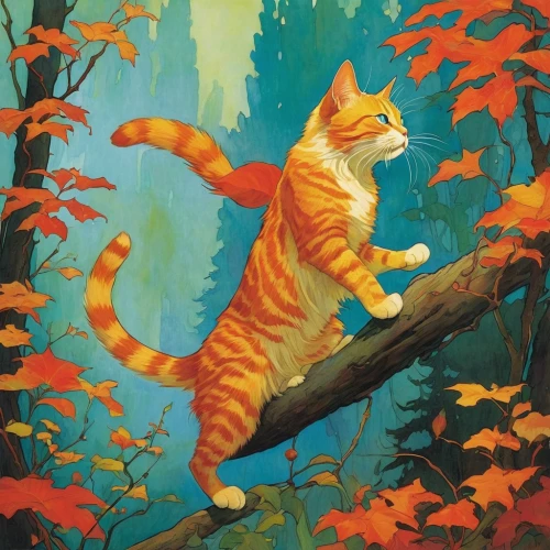 fall animals,autumn background,tiger cat,autumn theme,bengal,falling on leaves,cat vector,felidae,ginger cat,tiger,autumn forest,a tiger,in the autumn,forest animal,autumnal,autumn idyll,oak kitten,chestnut tiger,the autumn,cats in tree,Illustration,Realistic Fantasy,Realistic Fantasy 04