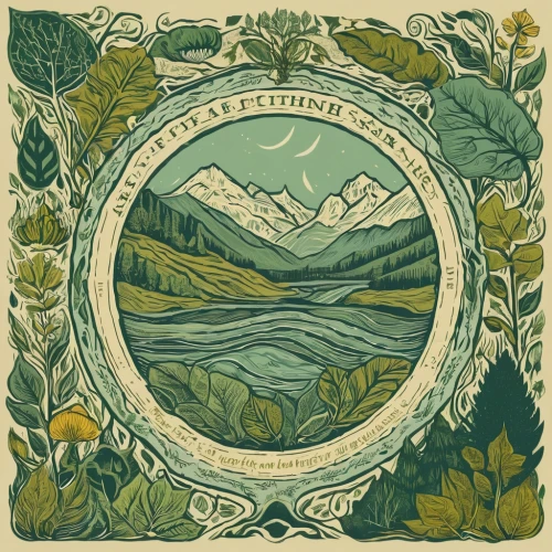 cd cover,tapestry,pachamama,mountain spirit,permaculture,mountain lake will be,mountain scene,cover,kate greenaway,art nouveau design,label,frame border illustration,woodcut,mountain meadow,mountain stream,sage green,liberty cotton,botanical print,vintage botanical,mother earth,Art,Artistic Painting,Artistic Painting 07