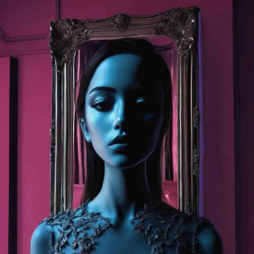 doll looking in mirror,the mirror,magic mirror,makeup mirror,in the mirror,blue room,la violetta,mirror,mirror of souls,mirrors,mannequin,blue enchantress,fantasy portrait,neon body painting,mirror frame,violet head elf,digital art,self-reflection,echo,artist's mannequin,Conceptual Art,Oil color,Oil Color 19